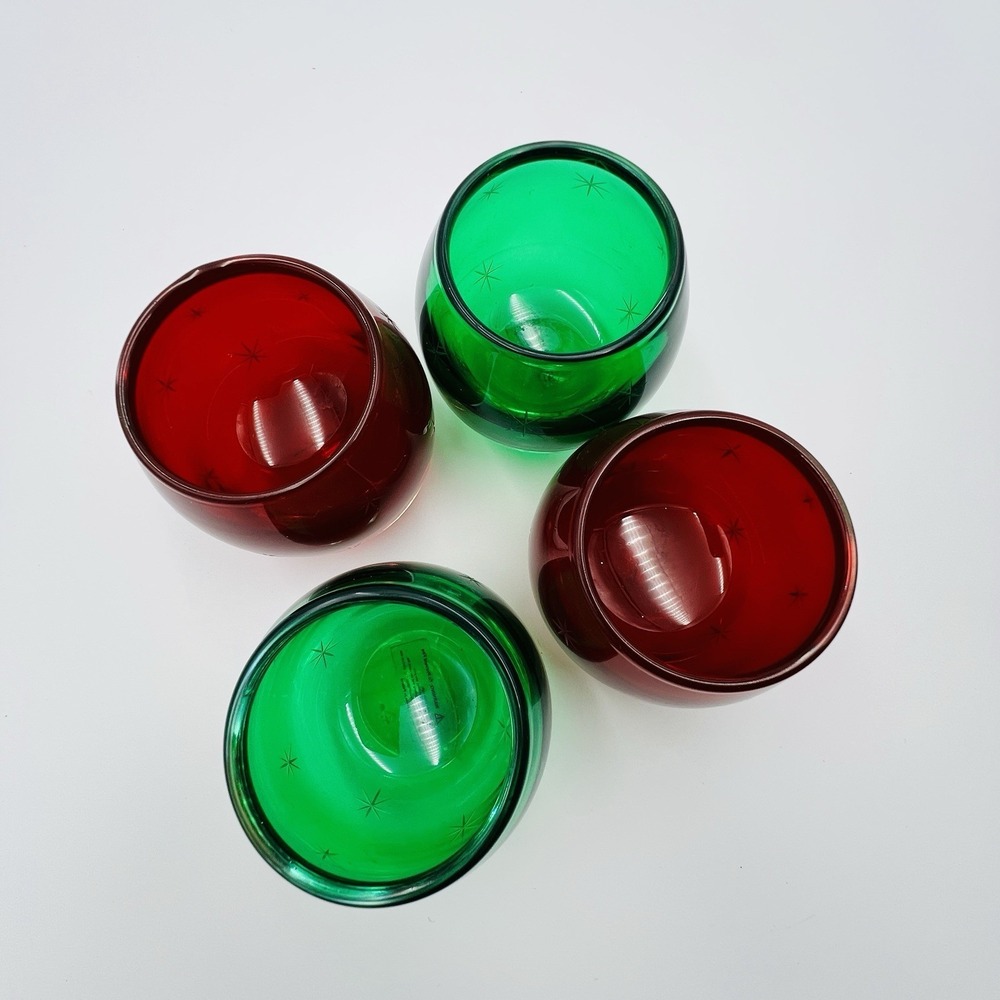 Votive Holder Set Etched Starburst Red‎ Green Glass Hand Blown Poland Christmas - Picture 3 of 10